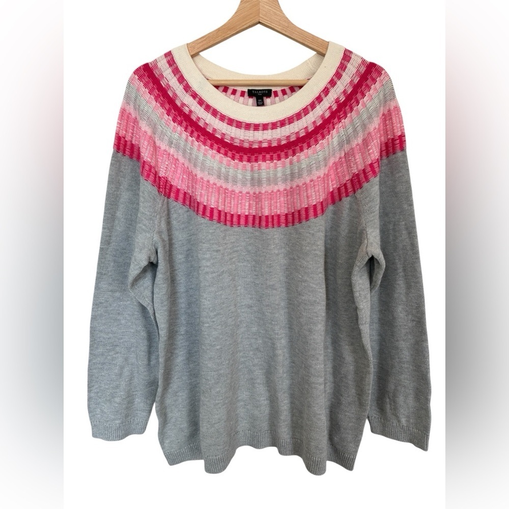 Talbots Fair Isle Sweater 2X Pink Gray Yolk Crew Neck Pullover NWT